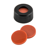 ND9 Short Thread Screw Caps (black) with Septa Silicone Rubber/PTFE (red/transparent), pk.100