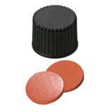 Closed 8-425 Screw Cap (black) with Septa Natural Rubber/TEF (red-orange/transparent), 60° shore A, 1.3mm, pk.1000