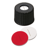 8-425 Screw Cap (black) with slitted Septa Silicone/PTFE (white/red), 45° shore A, 1.3mm, pk.1000