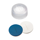9-425 Screw Cap (transparent) with slitted Septa Silicone/PTFE (white/blue), 55° shore A, 1.0mm, pk.1000