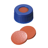 9-425 Screw Cap (blue) with Septa Natural Rubber/TEF (red-orange/transparent), 60° shore A, 1.0mm, pk.1000