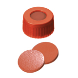 9-425 Screw Cap (red) with Septa Natural Rubber/TEF (red-orange/transparent), 60° shore A, 1.0mm, pk.1000