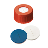 9-425 Screw Cap (red) with slitted Septa Silicone/PTFE (white/blue), 55° shore A, 1.0mm, pk.1000