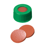 9-425 Screw Cap (green) with Septa Natural Rubber/TEF (red-orange/transparent), 60° shore A, 1.0mm, pk.1000