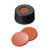 9-425 Screw Cap (black) with Septa Natural Rubber/TEF (red-orange/transparent), 60° shore A, 1.0mm, pk.1000