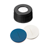 9-425 Screw Cap (black) with slitted Septa Silicone/PTFE (white/blue), 55° shore A, 1.0mm, pk.1000