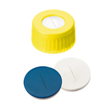 9-425 Screw Cap (yellow) with slitted Septa Silicone/PTFE (white/blue), 55° shore A, 1.0mm, pk.1000