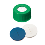9-425 Screw Cap (green) with slitted Septa Silicone/PTFE (white/blue), 55° shore A, 1.0mm, pk.1000
