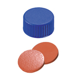 9-425 Screw Cap (blue) with Septa Natural Rubber/TEF (red-orange/transparent), 60° shore A, 1.0mm, pk.1000 - Closed Top