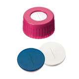 9-425 Screw Cap (pink) with slitted Septa Silicone/PTFE (white/blue), 55° shore A, 1.0mm, pk.1000