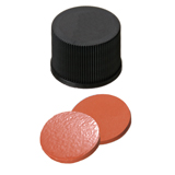 10-425 Screw Cap (black) with Septa Natural Rubber/TEF (red-orange/transparent), 60° shore A, 1.3mm, pk.1000 - Closed Top