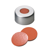 11mm Crimp Cap (silver) with Septa Natural Rubber/TEF (red-orange/transparent), 45° shore A, 1.0mm, pk.1000