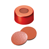 11mm Crimp Cap (red) with Septa Natural Rubber/TEF (red-orange/transparent), 45° shore A, 1.0mm, pk.1000