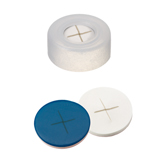 Snap Ring Cap hard version (transparent) with slitted Septa Silicone/PTFE (white/blue), 55ø shore A, 1.0mm, pk.1000 - "X"-Cut