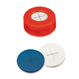 Snap Ring Cap (red) with slitted Septa Silicone/PTFE (white/blue), 55° shore A, 1.0mm, pk.1000 - "X"-Cut
