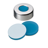 ND20 Aluminum Crimp Cap (10mm hole) with Septa Silicone/PTFE (blue transparent/white), 45° shore A, 3.0mm, pk.1000