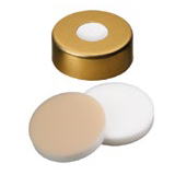 ND20 Magnetic Crimp Cap, gold lacquered, (8mm hole) with Septa Silicone/PTFE (white/beige) 45ø shore A, 3.2mm, pk.1000