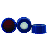 9mm PP Screw Cap, blue, with PTFE/Silicone (Red/White) Pre-Slit Septa, pk.100