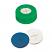 Snap Ring Cap (green) with slitted Septa Silicone/PTFE (white/blue), 55° shore A, 1.0mm, pk.1000 - "X"-Cut