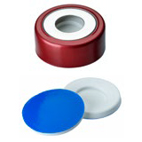 ND20 Magnetic Bimetall Cap (red laquered, 8mm hole) with Septa Silicone/PTFE (white/blue),  55ø shore A, 3.0mm, with thinner injection area, pk.1000