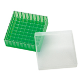 PP Storage Box for 12mm OD Vials (green), 130 x 130 x 45mm, 81 Position, ea.