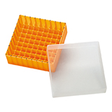 PP Storage Box for 12mm OD Vials (orange), 130 x 130 x 45mm, 81 Position, ea.