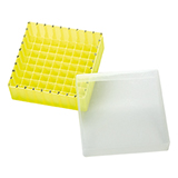 PP Storage Box for 12mm OD Vials (yellow), 130 x 130 x 45mm, 81 Position, ea.